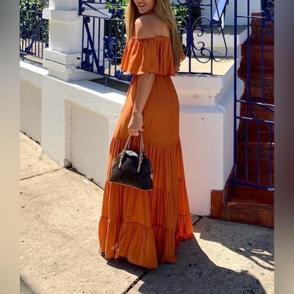 Off the shoulder terracotta pleated maxi dress